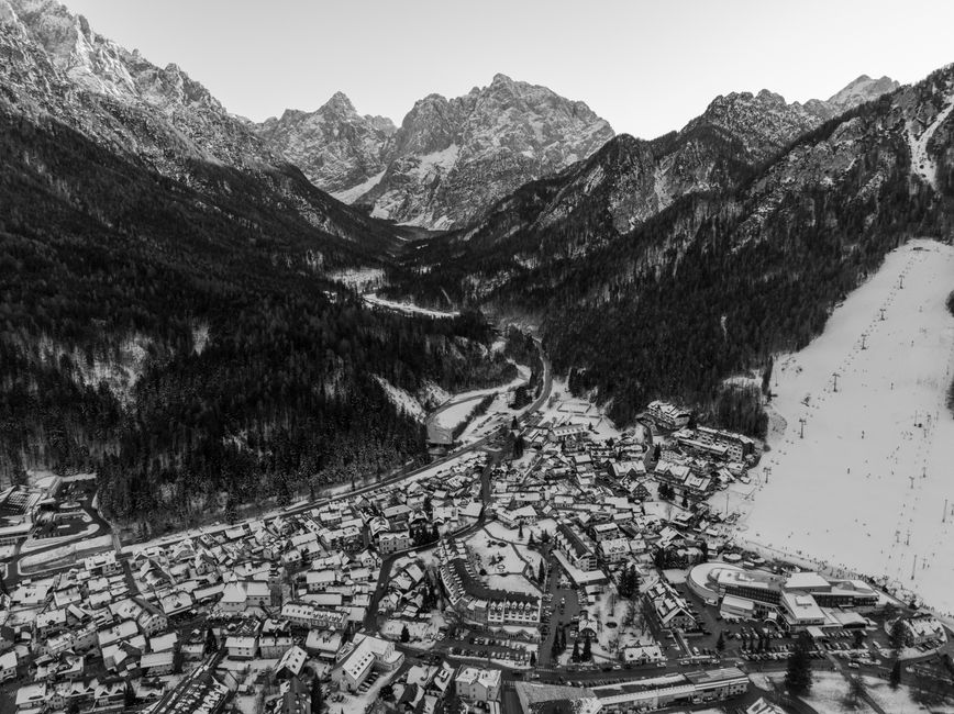 Kranjska Gora Slovenia town wooden chalets ski resort valley entrance