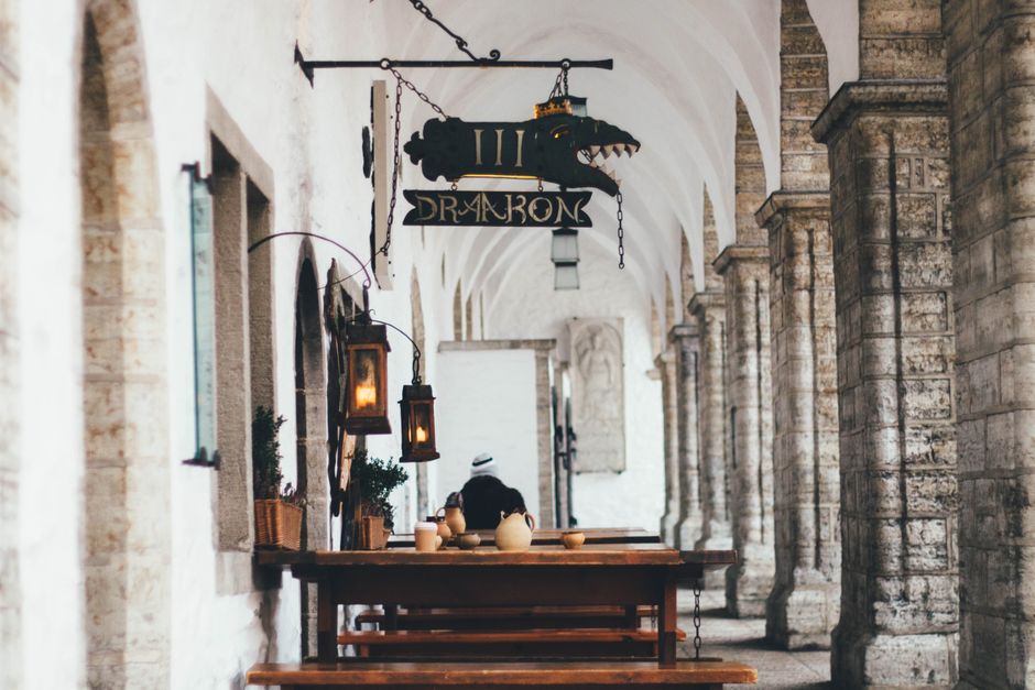 Suceava old town traditional Romanian restaurant interior wooden tables